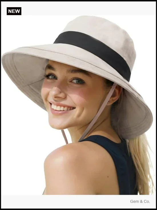 Women's Wide Brim Bucket Hat with Ponytail Hole, UPF 50+ Sun Protection,