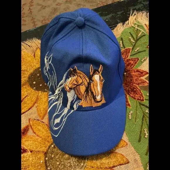 Embroidered Blue Horse Cap One Size fits Most Cotton Blend