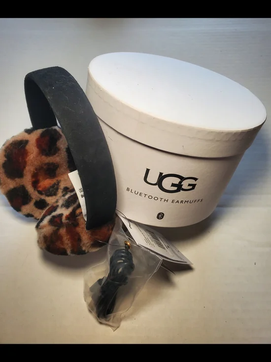 UGG Sheepskin Leopard Print Adjustable Wireless Bluetooth Earmuffs. NIB $75.00