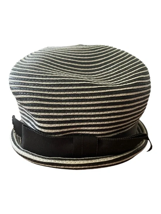 Vintage Chapeaux Louise Straw Derby Hat Black White Striped Ribbon Bow