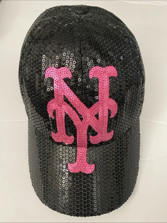 New York Mets ‘47 MBL Black Sequin Baseball Cap with Pink Logo