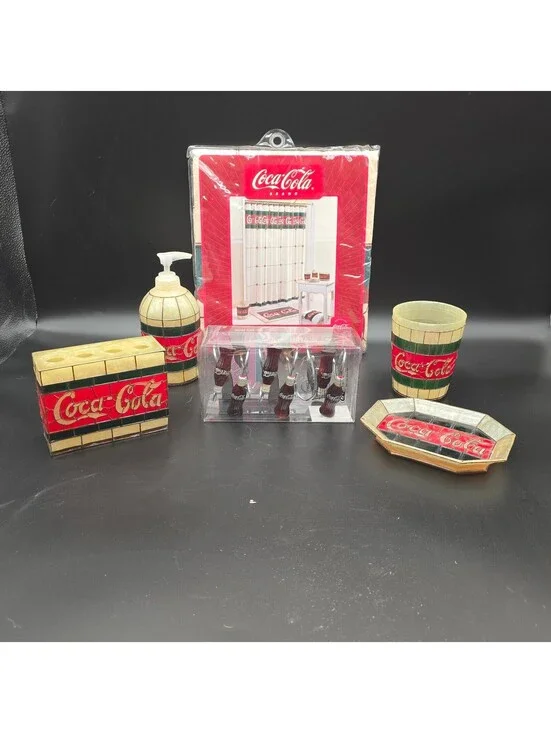 Vintage Coca Cola Bathroom Set Complete Faux Stained Glass Shower Curtain Hooks