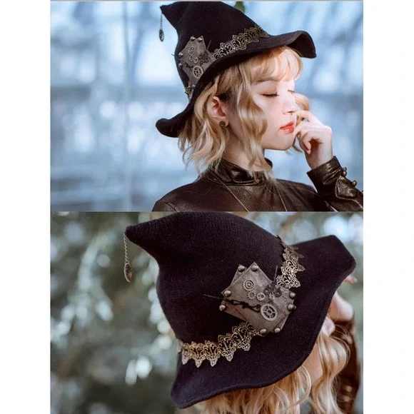 Steampunk Halloween Wizard Witch Hat Knitted Felt Wool Cap Headwear Wired Brim
