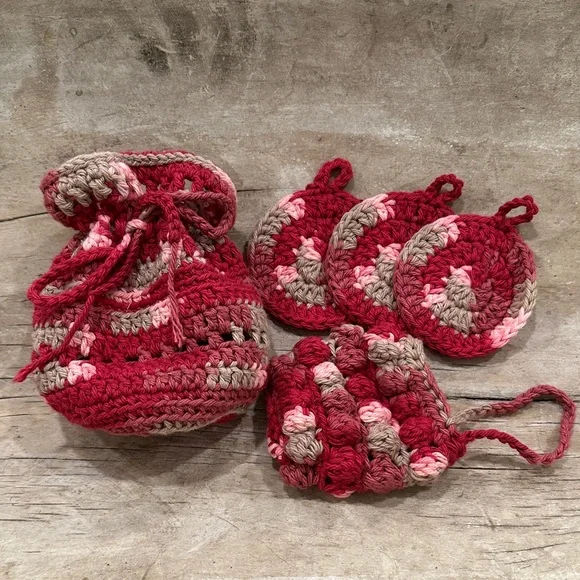 Handmade Cotton Crochet Bath Set - Drawstring Bag + Face pads + Soap pouch