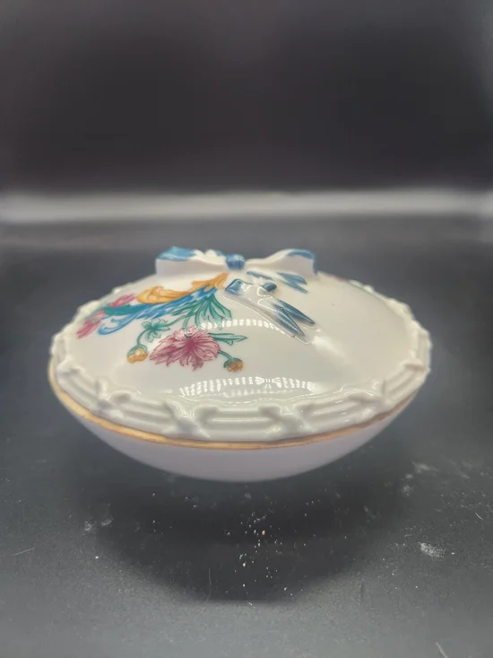 Porcelain Floral Trinket Dish with Bow Lid - White, Blue, Pink, Yellow