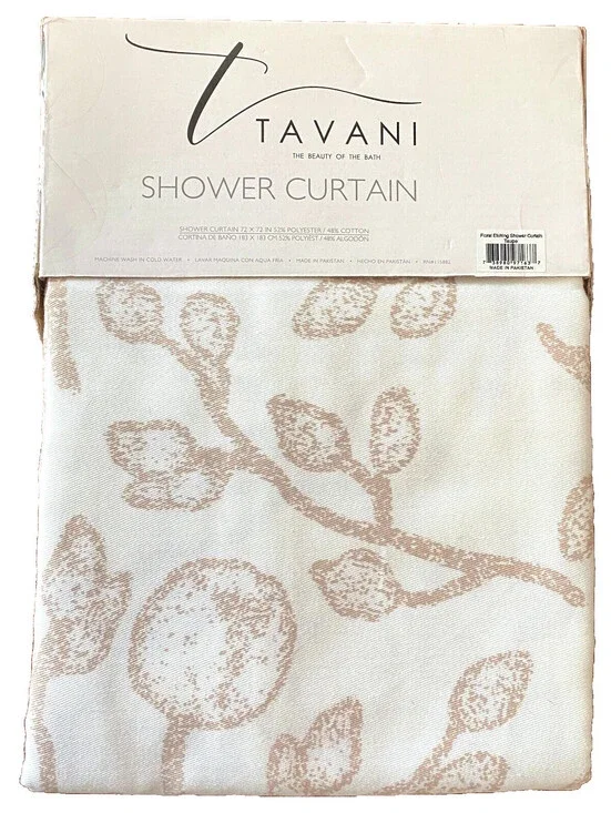NWT Tavani Taupe Ivory Floral Etching Print Cotton Blend Shower Curtain 72