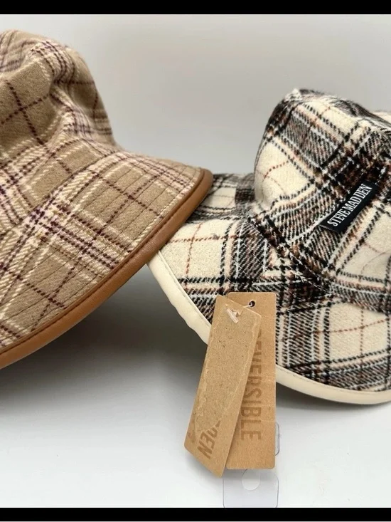 Steve Madden Plaid Reversible Bucket Hat - Cream, LOT OF TWO, Tan & Brown, NWT