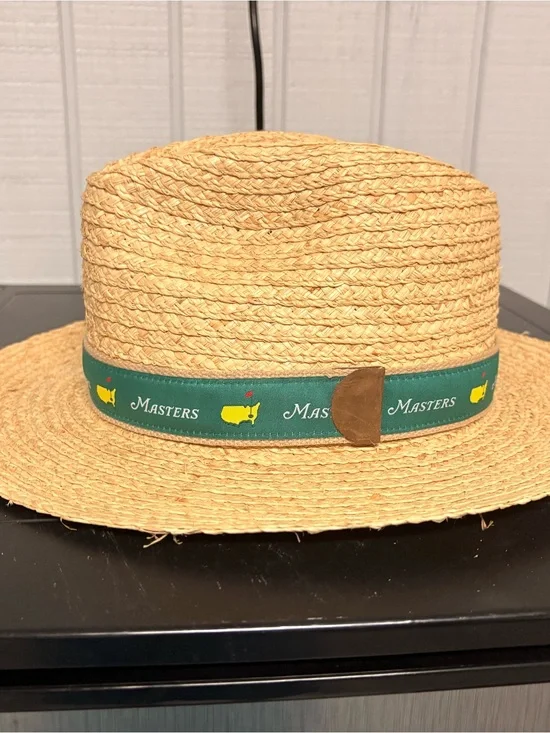 Masters Straw Sun Hat with Green Ribbon and Yellow Logo