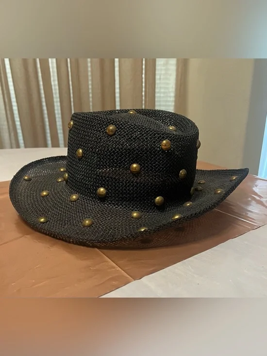 Studded Black Straw Cowboy Hat with Brass Accents