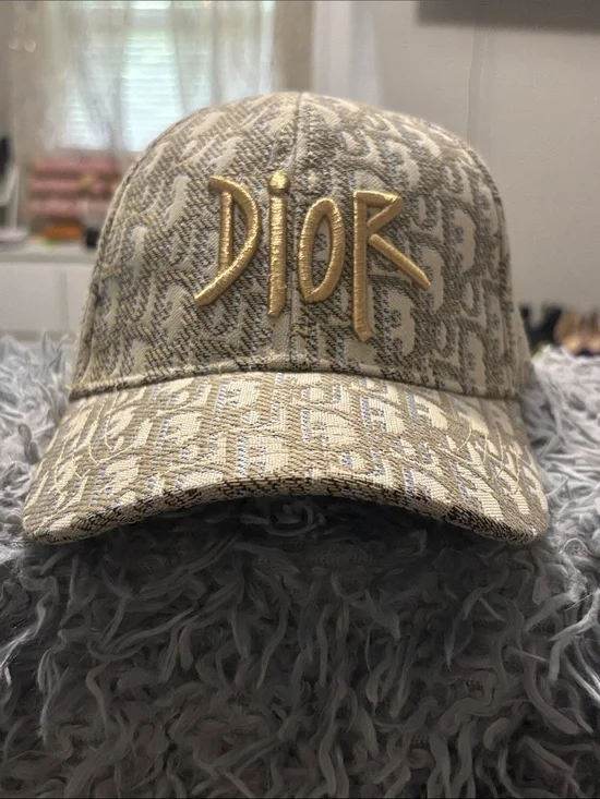 Unisex Dior Beige and Gold Monogram Hat