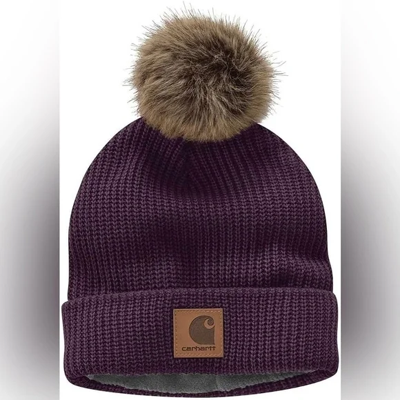 Carhartt Dark Purple Beanie with Fluffy Gray Pom