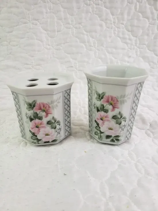 Andre Richard Garden Gazebo Ceramic Toothbrush Holder & Cup 1980s Japan