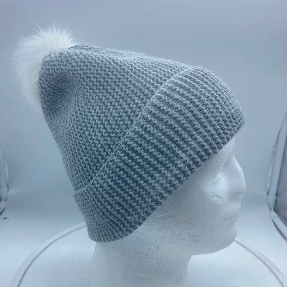 Forever 21 Grey Knit Beanie Hat with White Faux Fur Pom‎ Pom Cuffed Winter Cap