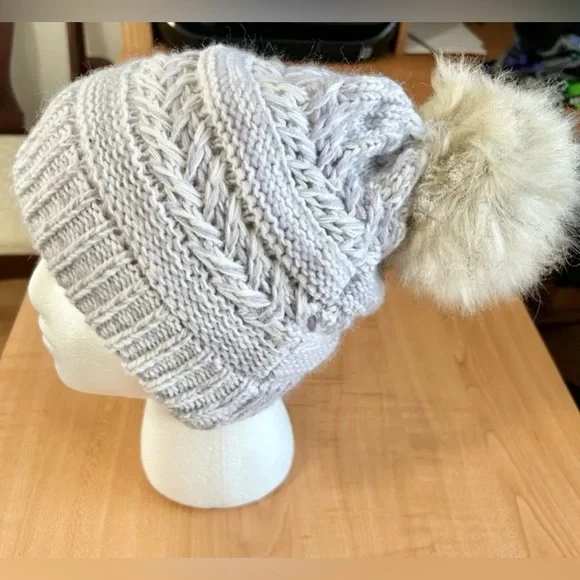 David & young beanie hat stocking faux fur cable knit cap