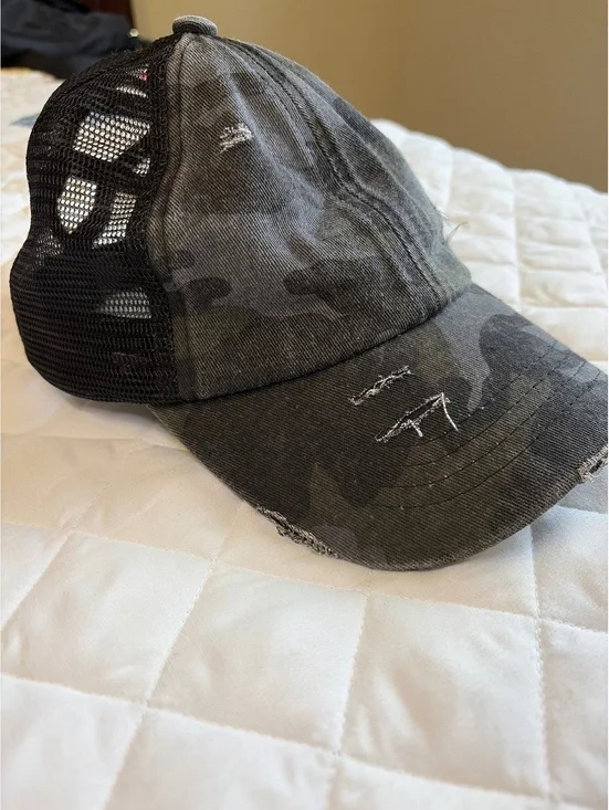 C.C. Distressed Camo Ponytail trucker hat
