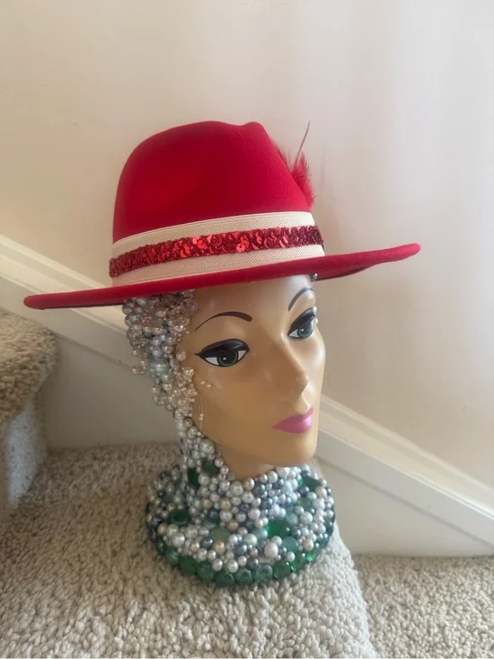 Red Women's Fedora Hat with Sequin Band