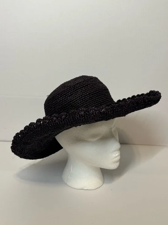 SHEBOBO Handmade Madagascar Raffia Wide Brim Sun Hat Black Boho Beach