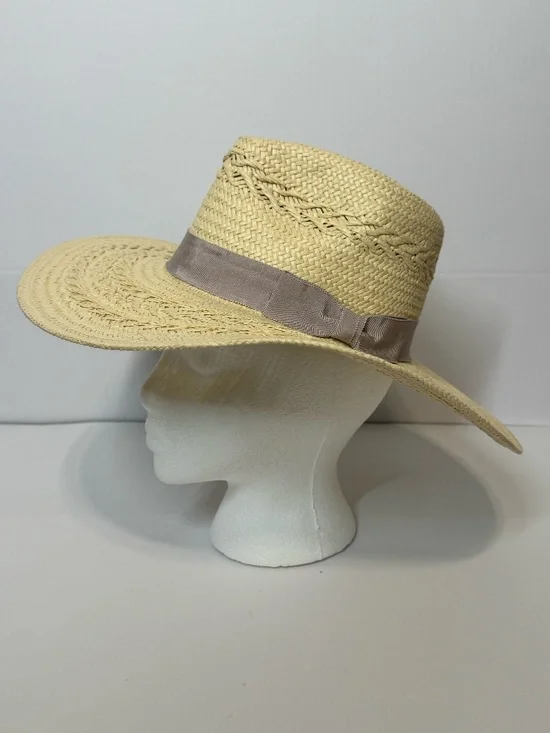 BTB Los Angeles Carrie Wide Brim Woven Straw Sun Hat Taupe Ribbon Size S