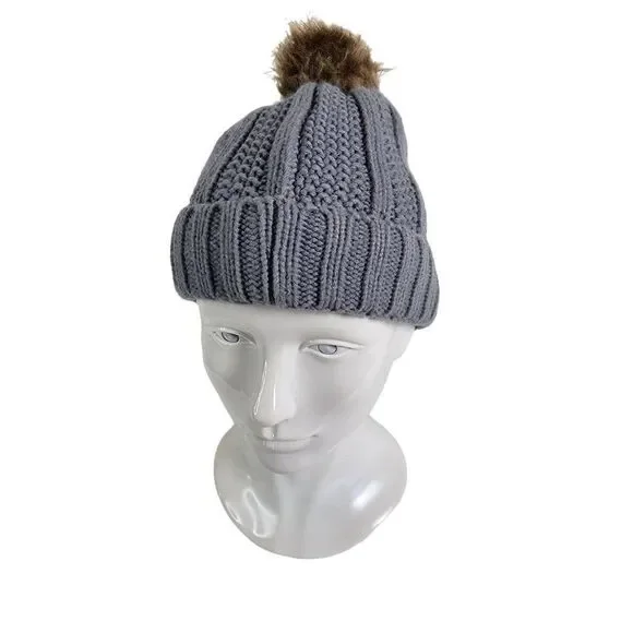 Pom Style Winter Hat, Grey,  Adult One Size