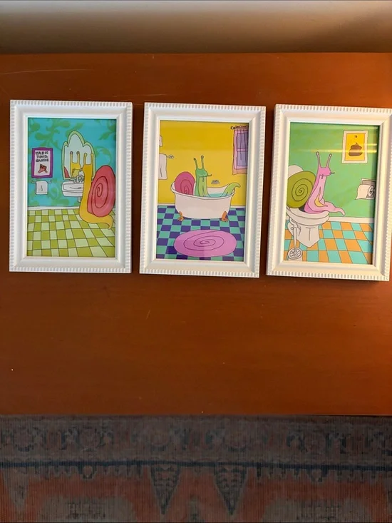 Whimsical Snail Bathroom Art Prints - Trio in Pastel Greens, Pinks & Yellows