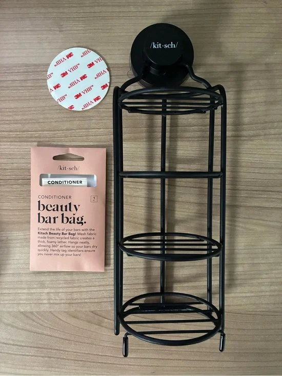 Kitsch Black Self-Draining Shower Caddy + Conditioner Bar Bag
