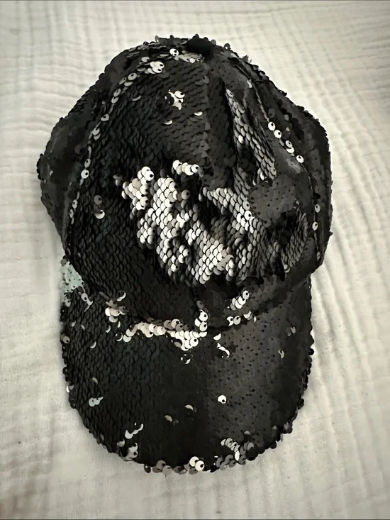Steve Madden Double Take Matte Black Gray Reverse Sequin Baseball Hat Cap