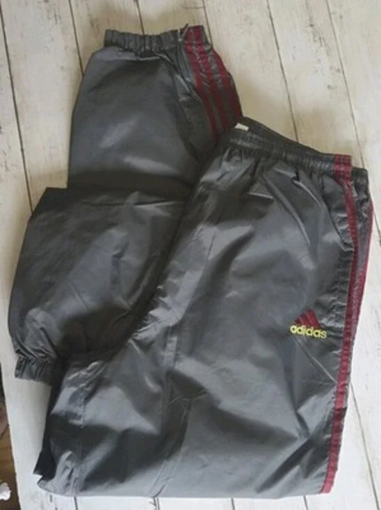 Vtg Y2K Adidas Track Pants Sz L Gray Stripes Nylon Lined Burgundy Yellow Logo