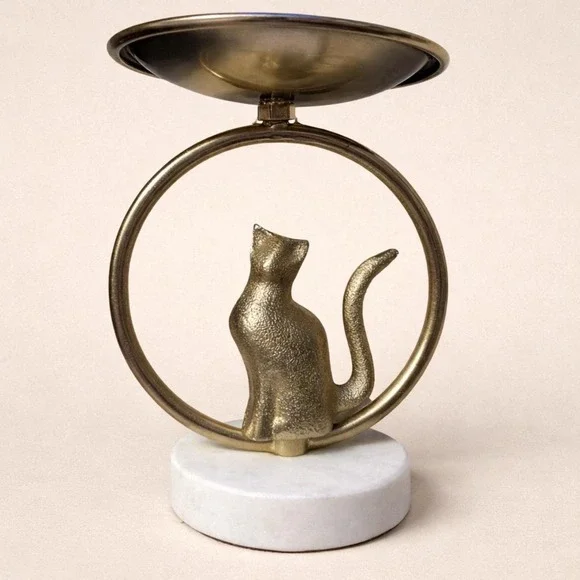Marble and brass cat candle holder
