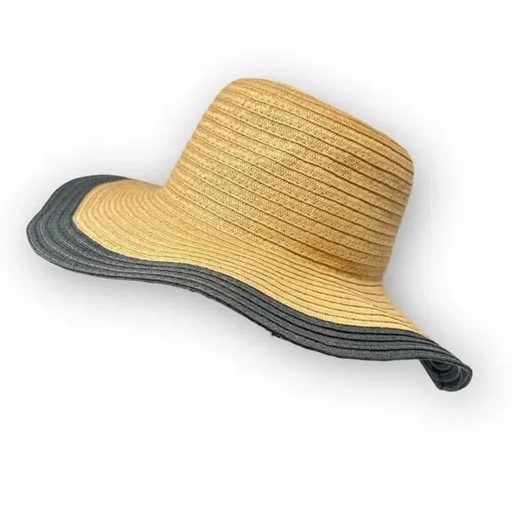 Forever 21 Beige Black Soot Floppy Wide Brim Woven Paper Sun Hat One Size OSFM