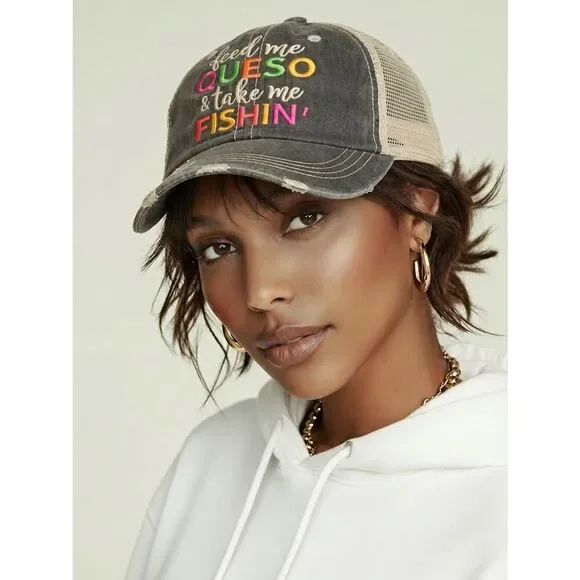 EUC Women’s Black Mesh Adjustable Baseball Cap Feed Me Queso & Take Me Fishing