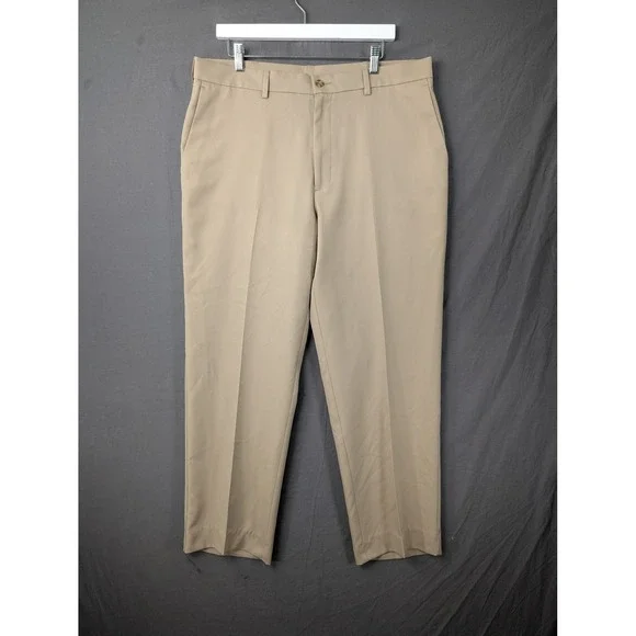 PGA Tour Mens Golf Pants 36x30 Khaki Tan Flat Front Performance Polyester 5640