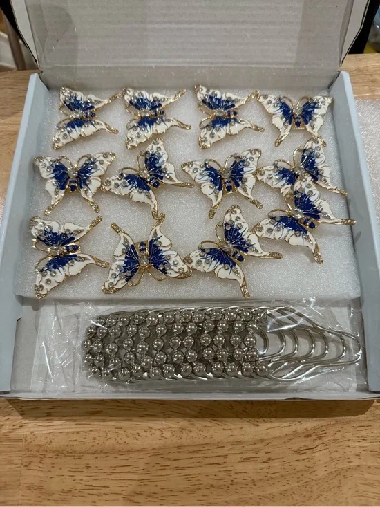 Butterfly Shower Curtain Hooks — Blue & White Decorative Set