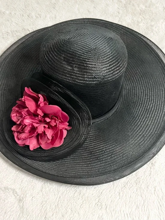 Vintage Plaza Suite by Betmar Black Wide Brim Derby Hat with Rose Fascinator