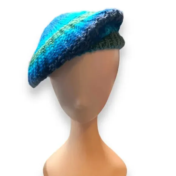 Knit Beret Hat Green Blue Tonal Shades Warm Winter Essential