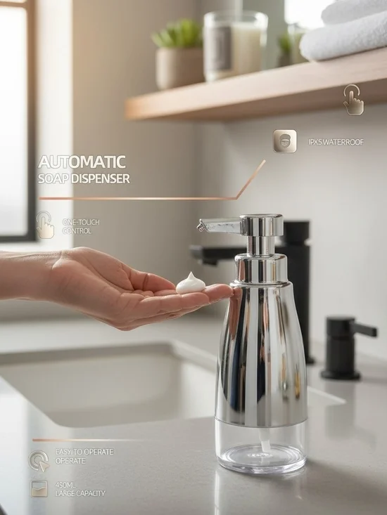 Automatic Waterproof Soap Dispenser 400mL OP012 Silver Freestanding Bath/Kitchen