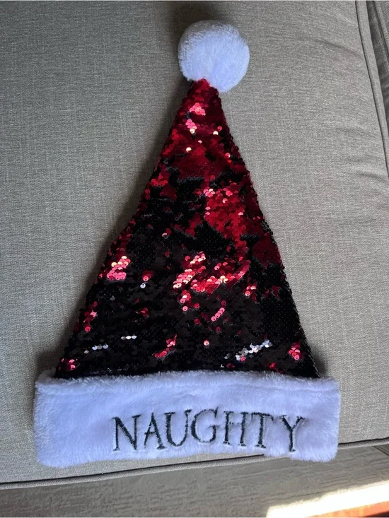 Sequin 'Naughty' Holiday Santa Hat - Red & Black