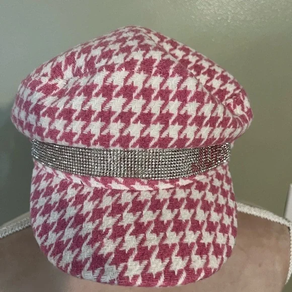 Juicy Couture Womens Houndstooth Pink White Tweed Embellished  Stones Cap Beret