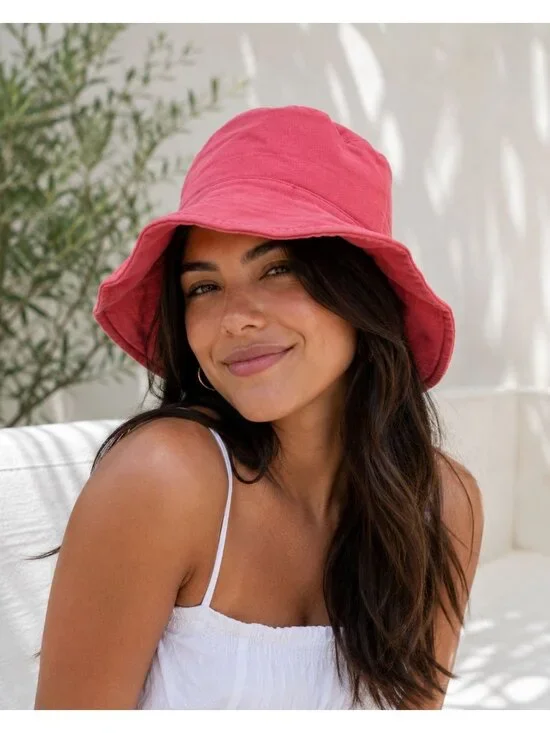 Scala Women's Collezione Pink Linen Bucket Hat Wide Brim Coastal Sun Hat