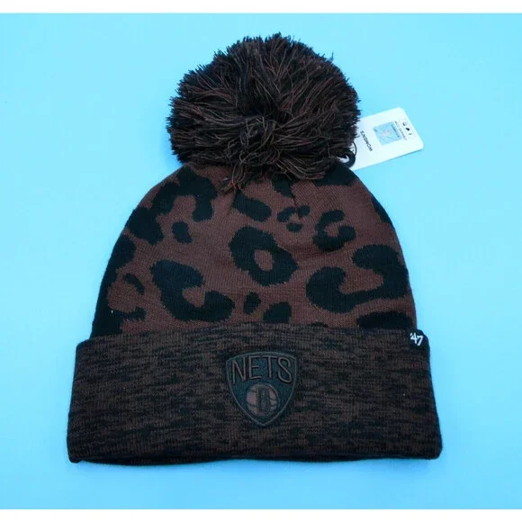 '47 Brand Brooklyn Nets Winter‎ Hat Womens Brown Knit Basketball Beanie Pom New