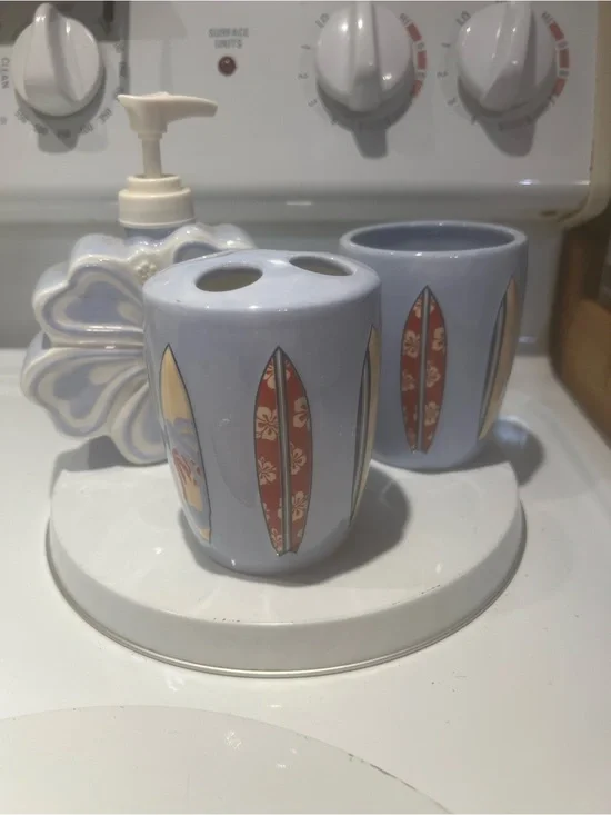 3pc Bathroom Set Surf Boards Beach House Hawaiian Hibiscus