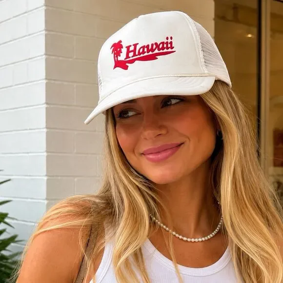 Vintage Hawaii Trucker Hat White‎ Mesh Snapback Beach Surf Tropical Y2K Cap