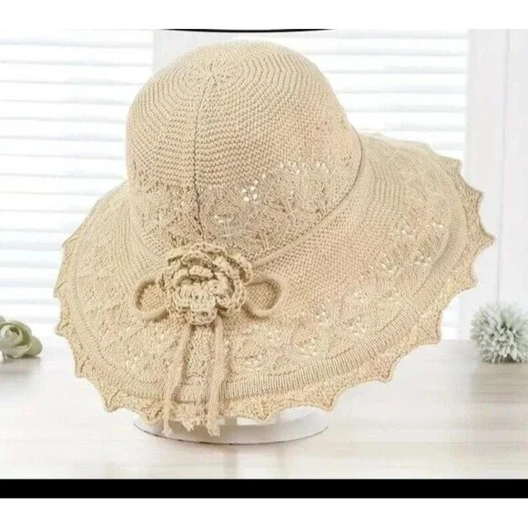 Vintage Grank Beige Sz L Lace Woven Summer Sun Hat Women's Floppy Beach Accessor