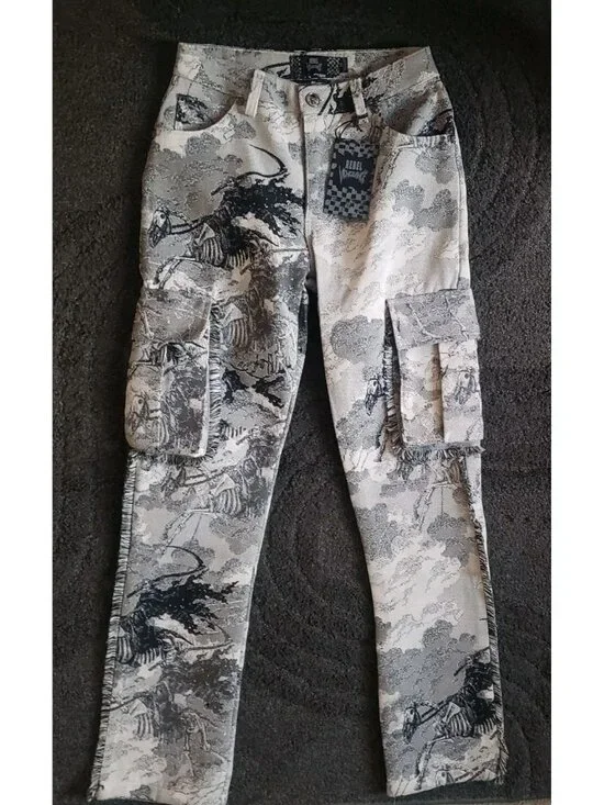 Rebel Vengeance Tapestry Skull Graphic Print Denim Cargo Pants Mens 28