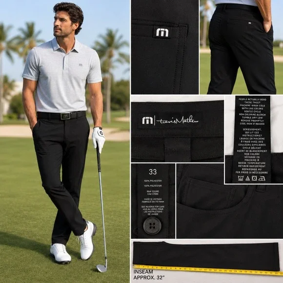 TravisMathew Open to Close Golf Pants Men's 33x32 Black Performance Stretch Golf