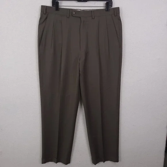 Ermenegildo Zegna Dress Pants Men 34 Fits 36x29 Olive Brown Wool Pleated Cuffed