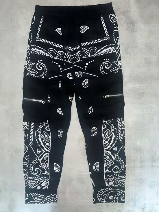 Black Paisley Bandana Print Cargo Jogger Pants