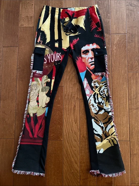 Graphic Tiger & Face Patchwork Joggers in Black, Red, Gold