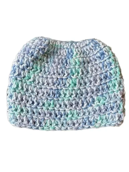 Ponytail hole crochet hat Silver tinsel pastel and white handmade acrylic