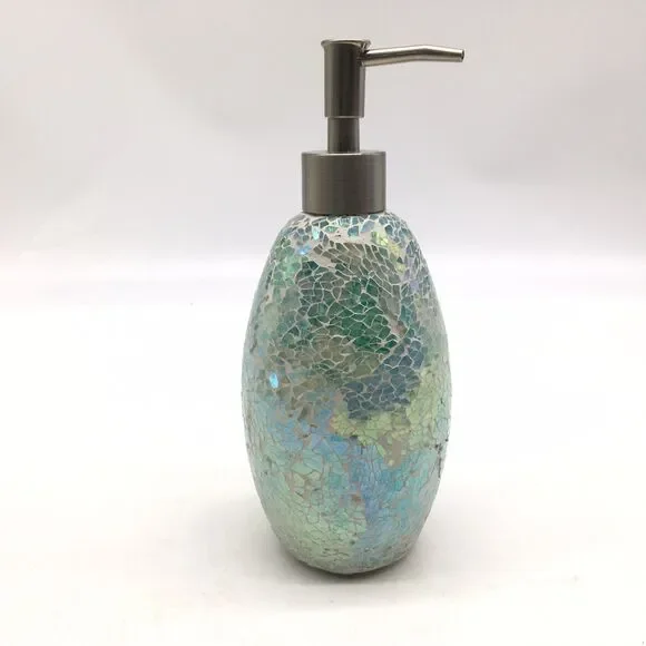 Blue Green Mosaic Glass Silver Tone 8” Soap Lotion Dispenser Never Used READ