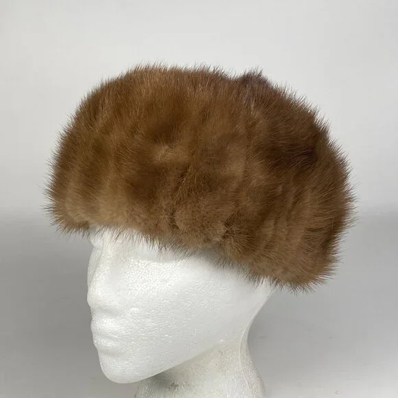 Vintage Brown Mink Fur Hat Satin Lining Winter Union Label Made in USA Mobwife
